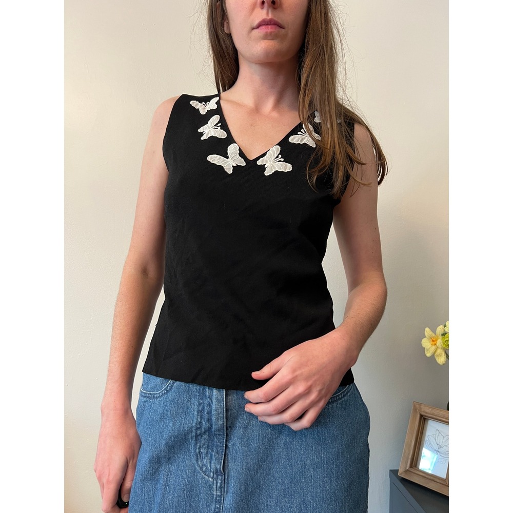 Vintage Black V-Neck Knit Tank Top White Butterfly Applique Sleeveless Sz M Zoey